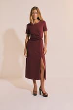 Robe longue drappée en coton avec fente - Miniature 1