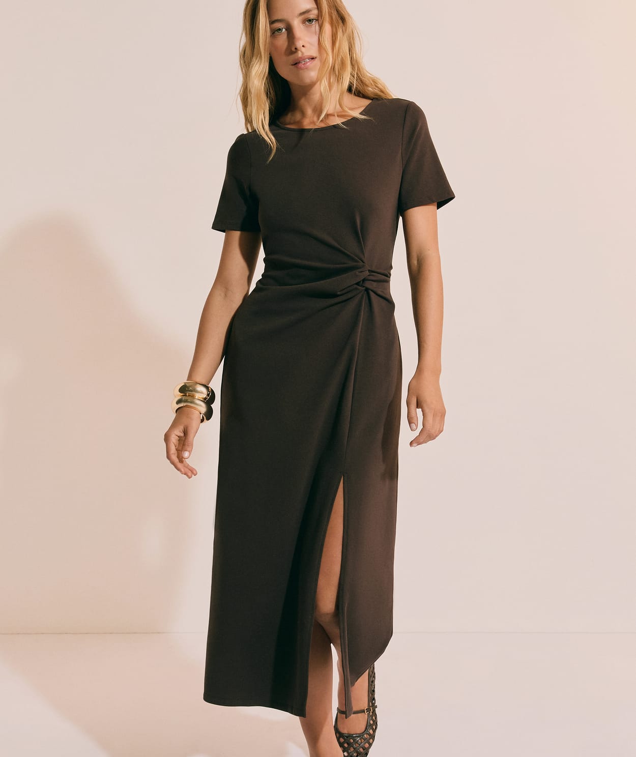 Robe longue drappée en coton avec fente - Image 3